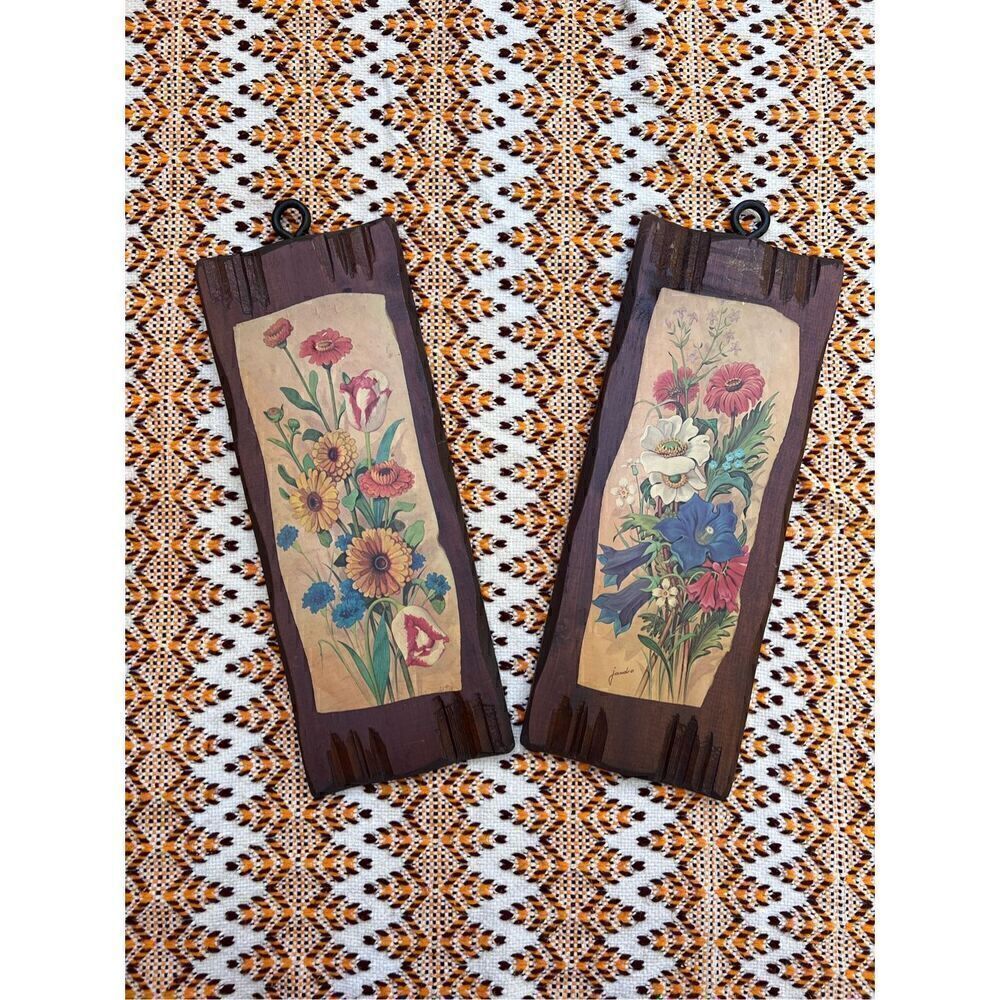 Vintage MCM Wooden Floral Art Plaques